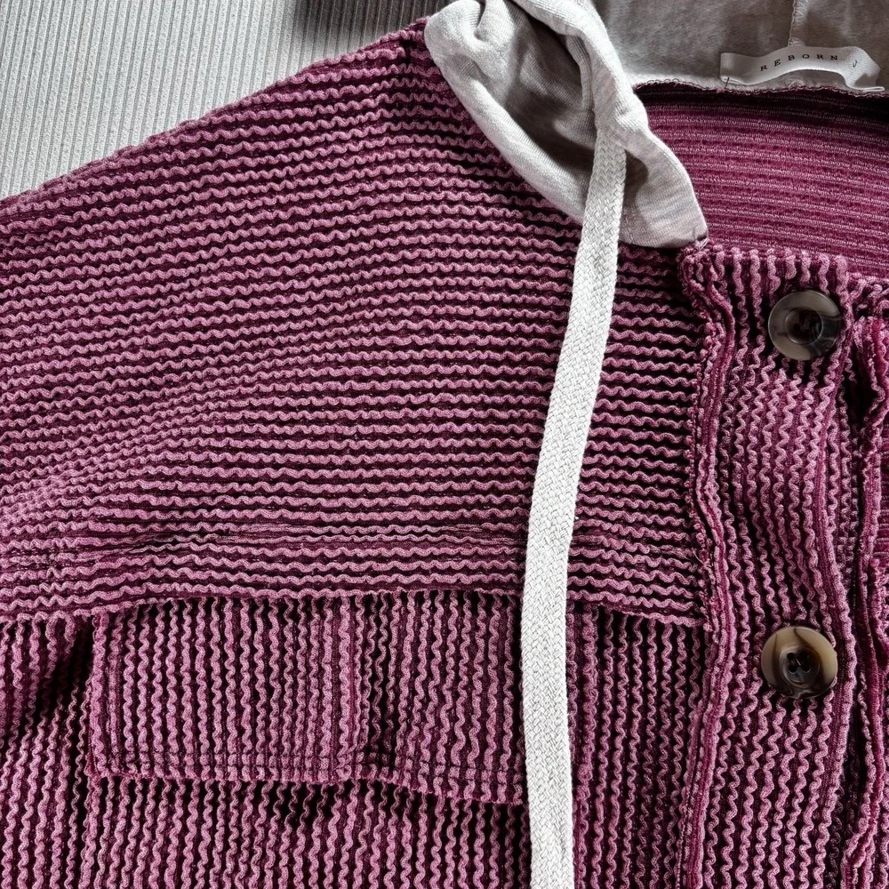 Reborn J PinkRibbed Knit  Button Up‎ Jacket W/ Contrast Hood M Soft Warm Pockets